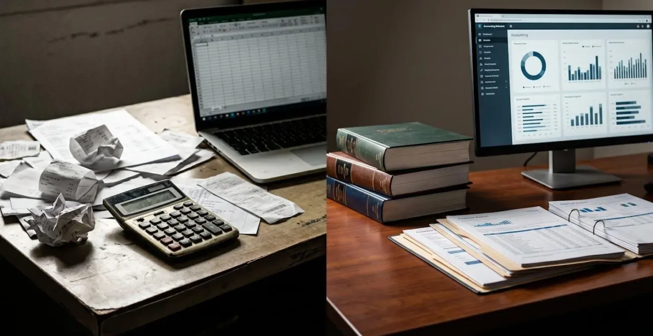 Split-screen comparison of accounting methods showing financial documents