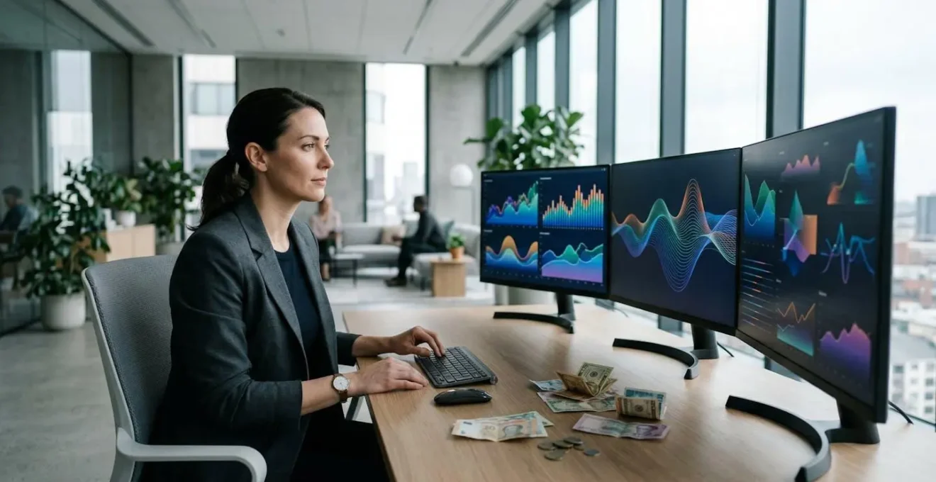 Professional business owner analyzing real-time financial data on modern accounting dashboard with automated cash flow visualization