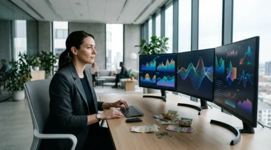 Professional business owner analyzing real-time financial data on modern accounting dashboard with automated cash flow visualization