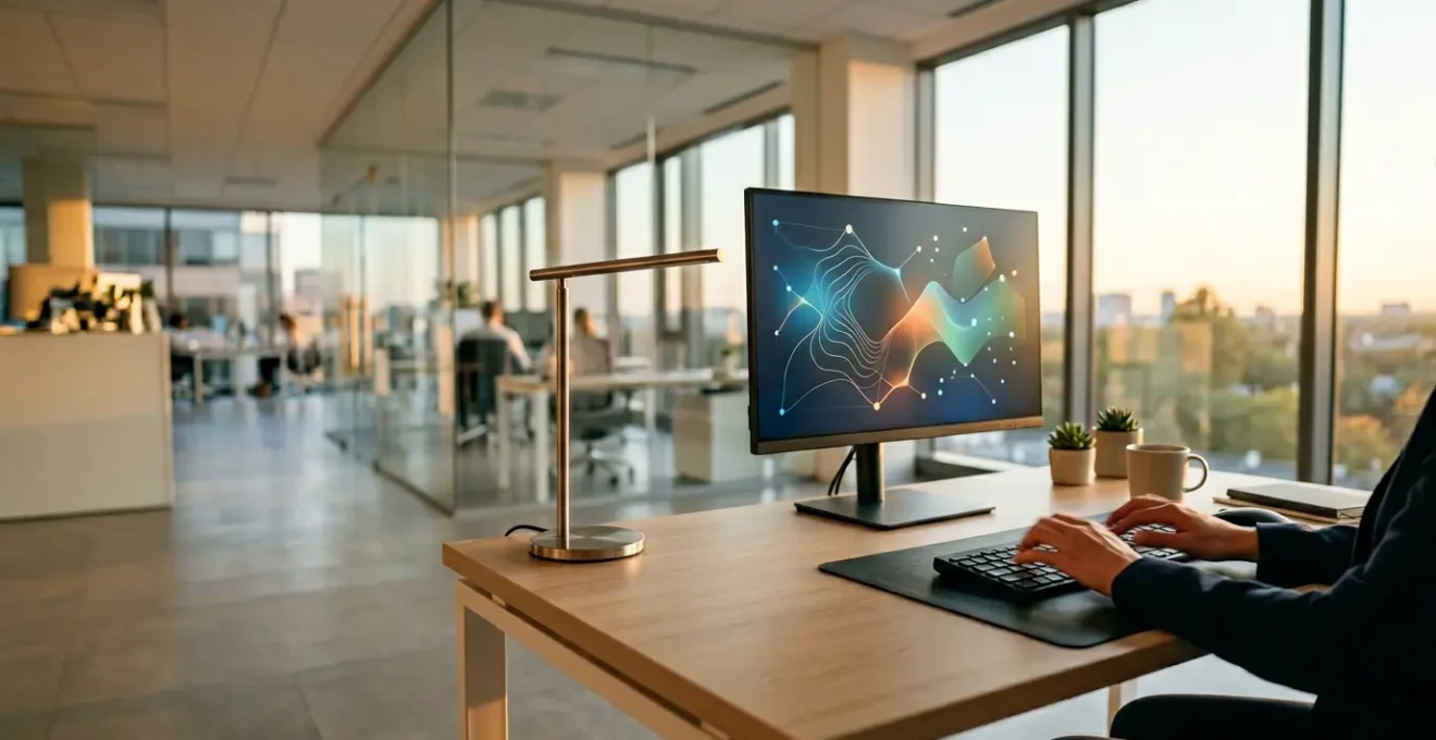 Modern payroll software dashboard showing automated processes and data flow in a professional office environment