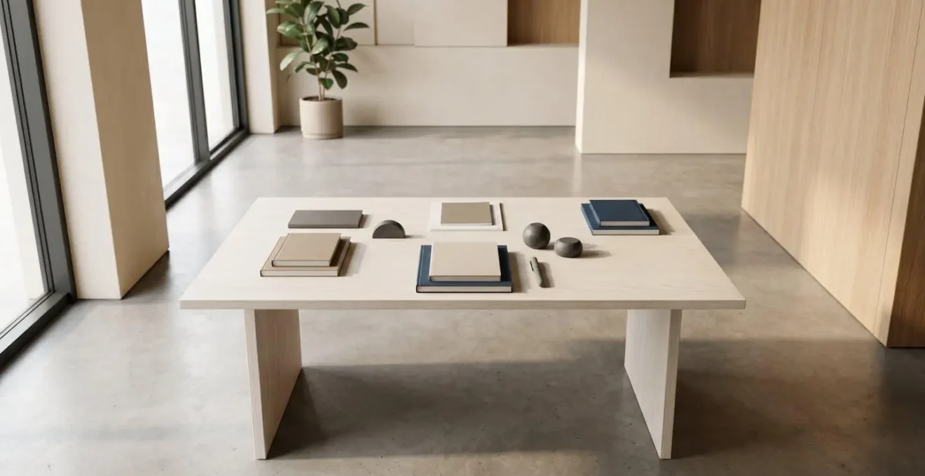 Wide-angle view of minimal workspace with planning materials and natural light