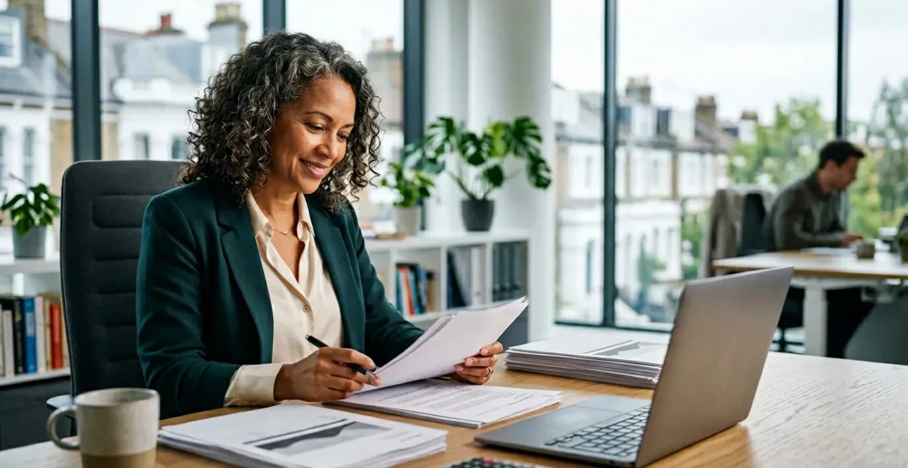Business owner reviewing tax documents confidently in modern office