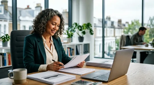 Business owner reviewing tax documents confidently in modern office