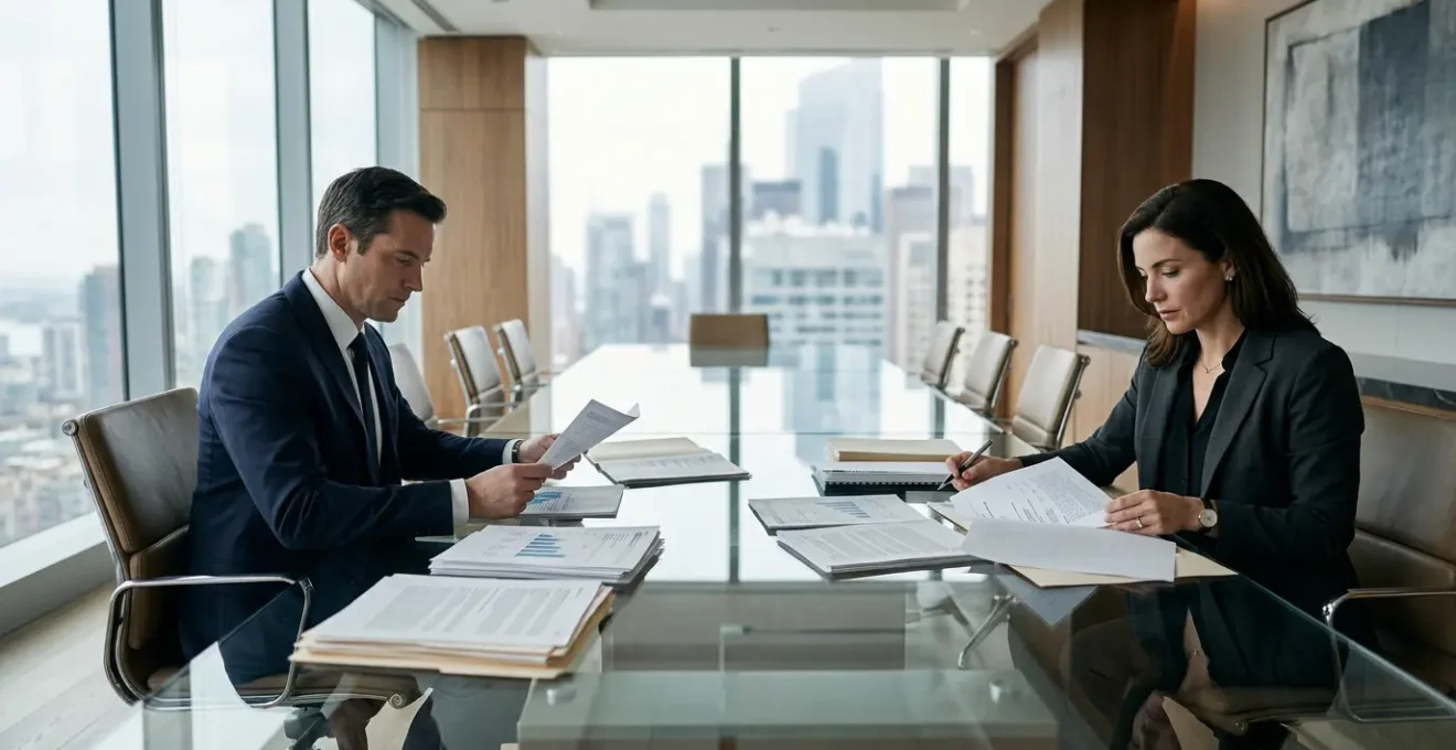 Business owners reviewing financial documents in modern office boardroom