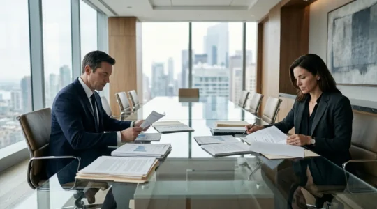 Business owners reviewing financial documents in modern office boardroom
