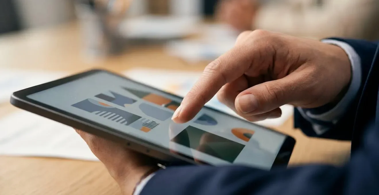 Close-up of hands configuring digital payroll integration settings on tablet device