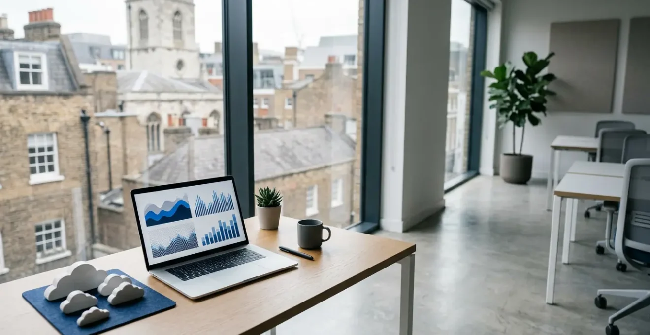 Professional financial compliance workspace showing digital record management system in modern UK office environment