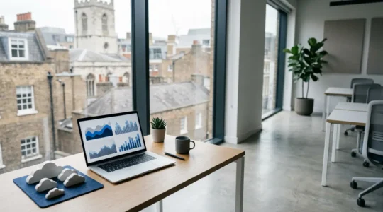 Professional financial compliance workspace showing digital record management system in modern UK office environment