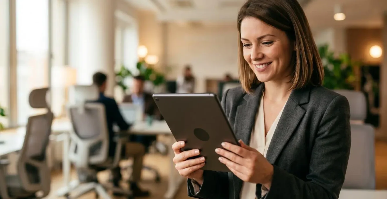 An employee looking satisfied while accessing their secure payslip portal on a tablet device in a modern office.