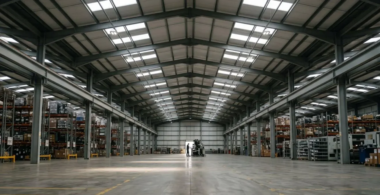 Wide shot of industrial facility with energy-efficient lighting systems
