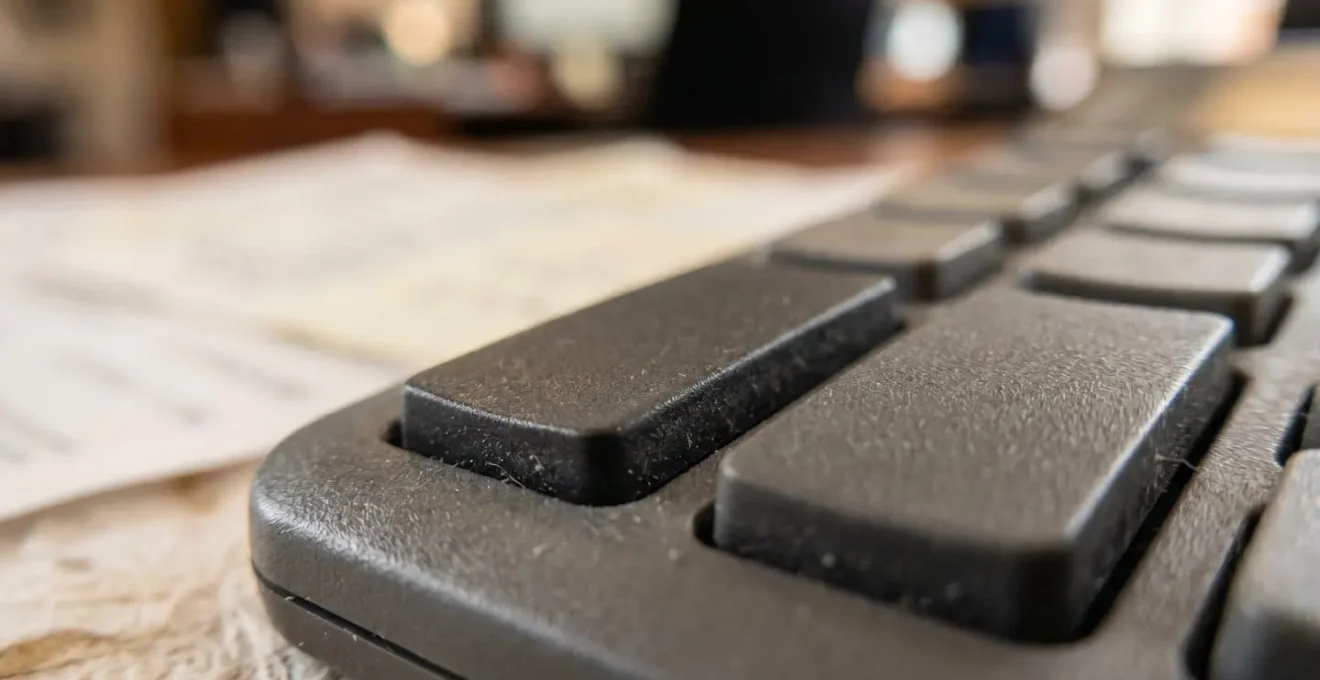Macro shot of calculator keys and financial documents for equipment leasing analysis