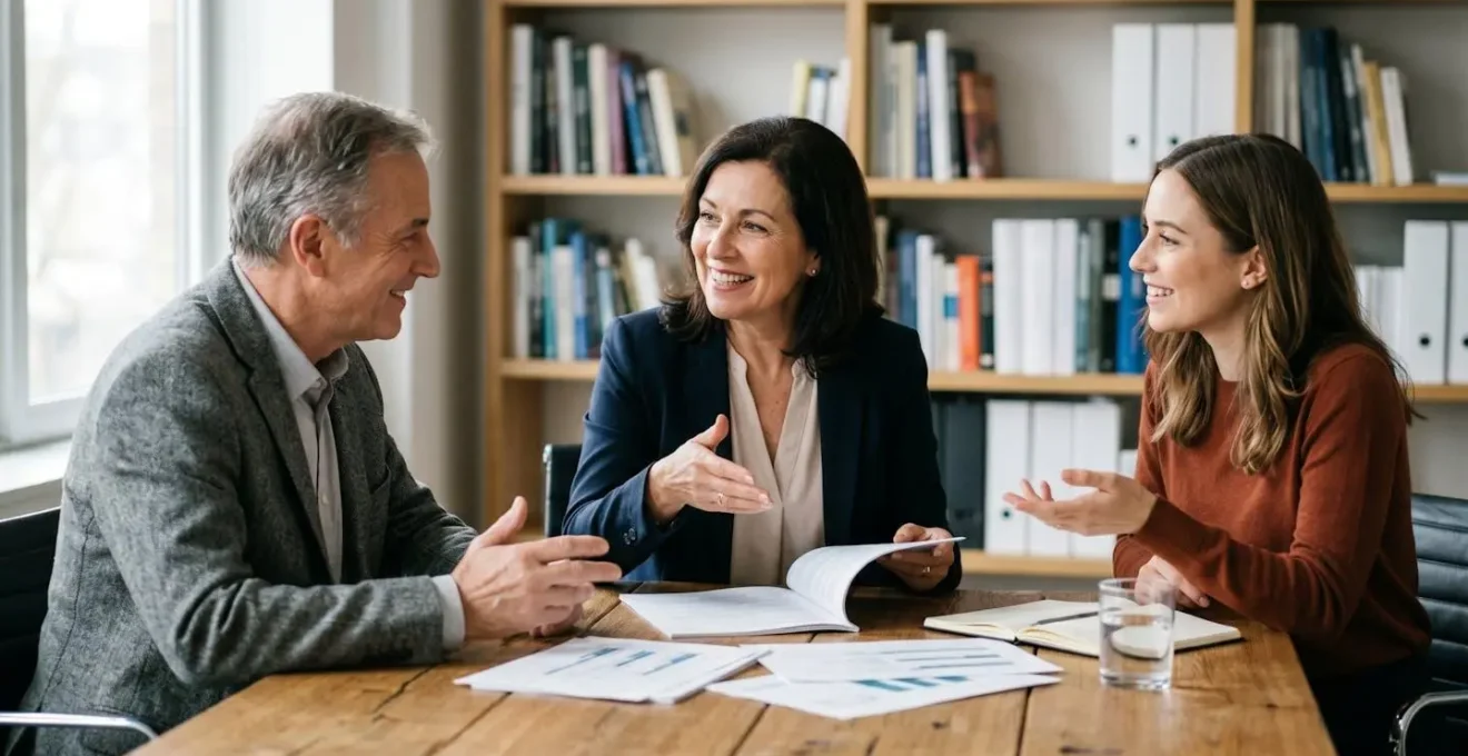 Family members discussing documents around conference table
