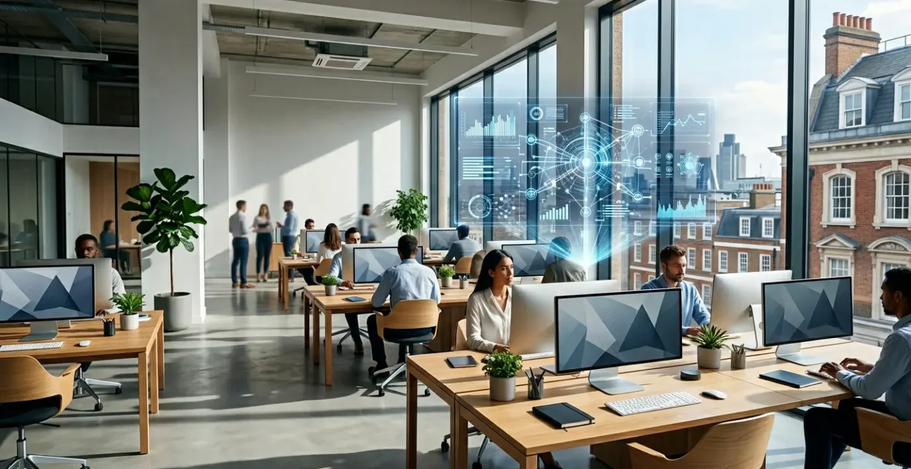 Modern office environment showcasing automated financial compliance systems with digital dashboards and seamless data flow visualization