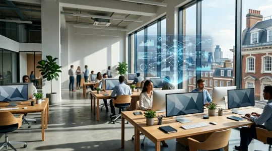 Modern office environment showcasing automated financial compliance systems with digital dashboards and seamless data flow visualization