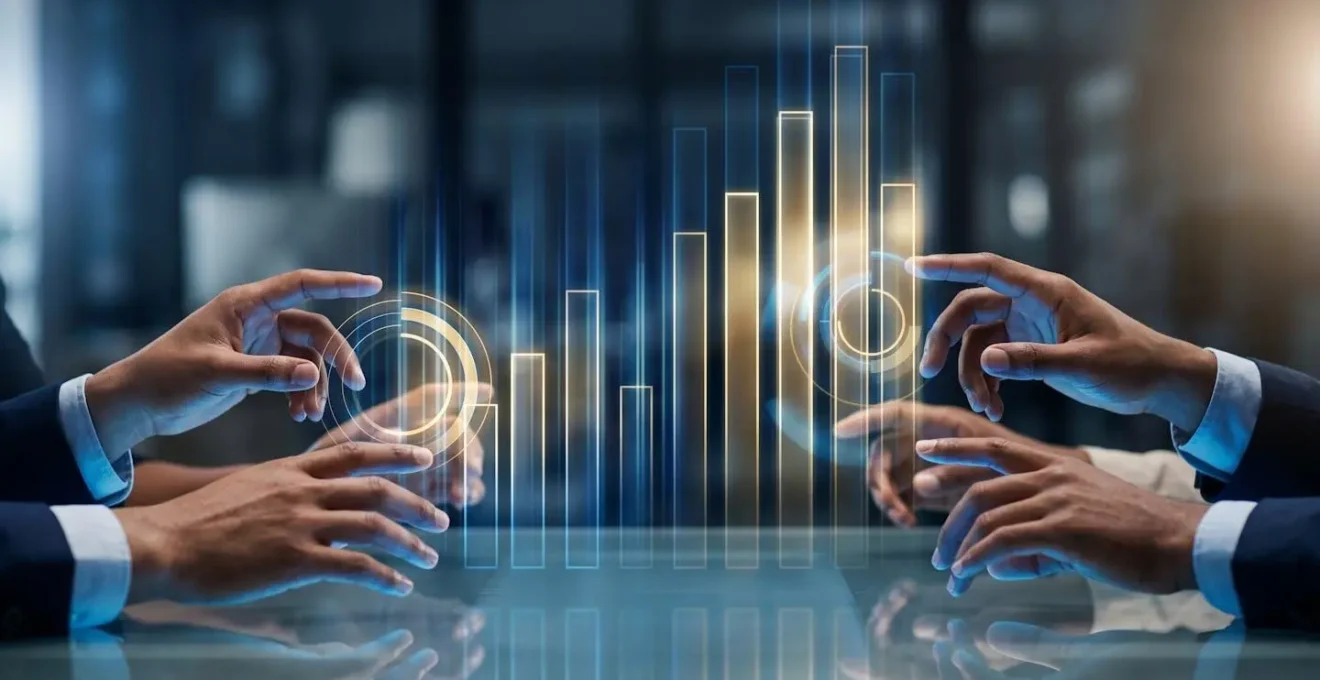 Close-up of hands analyzing holographic financial charts in modern office