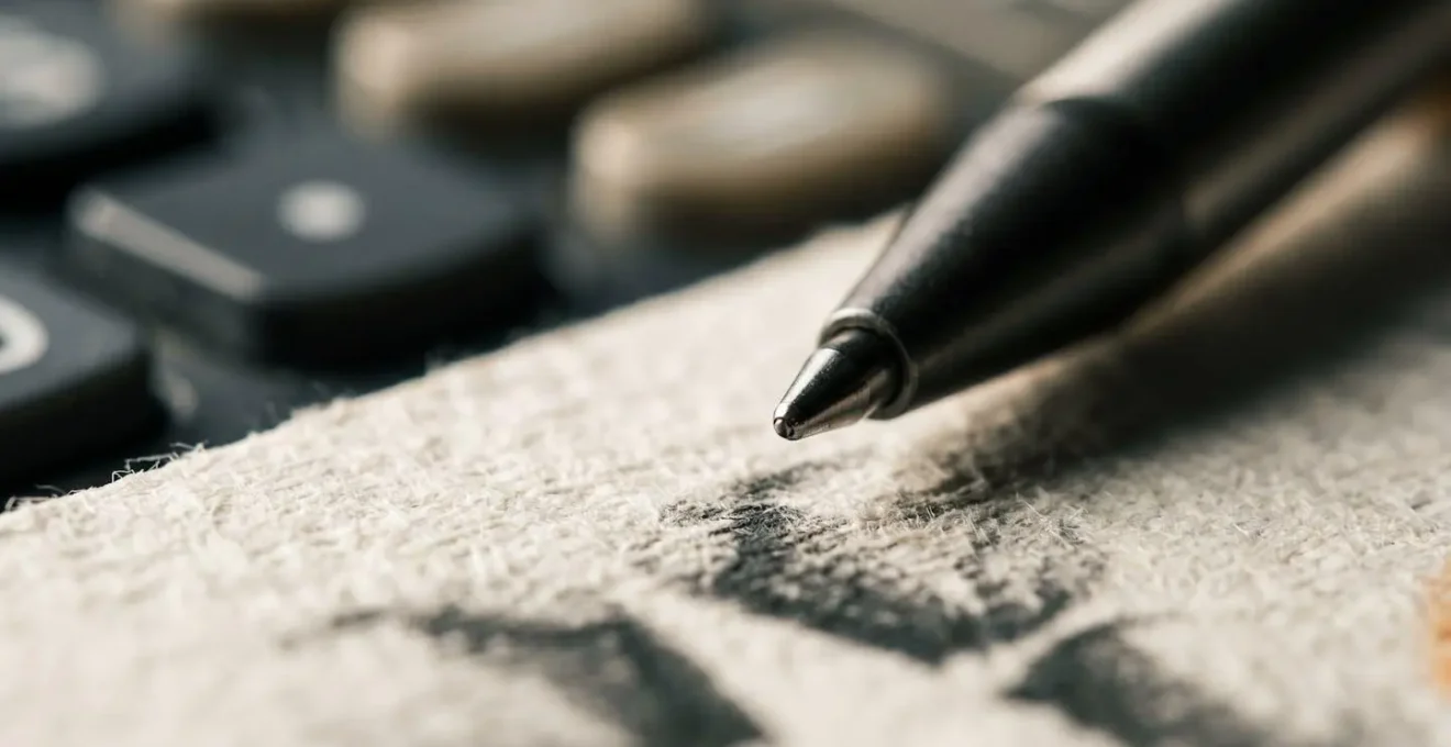 Extreme close-up of financial paperwork with calculator