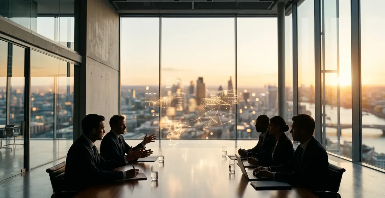 Executive team reviewing financial charts and projections in modern boardroom