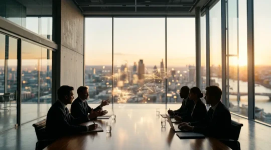 Executive team reviewing financial charts and projections in modern boardroom
