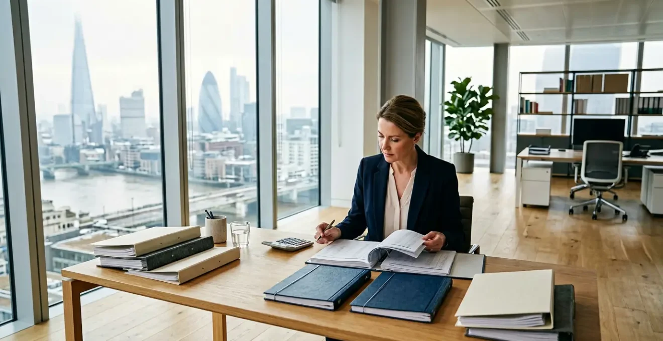 Professional business owner reviewing meticulously organized financial documents in modern UK office