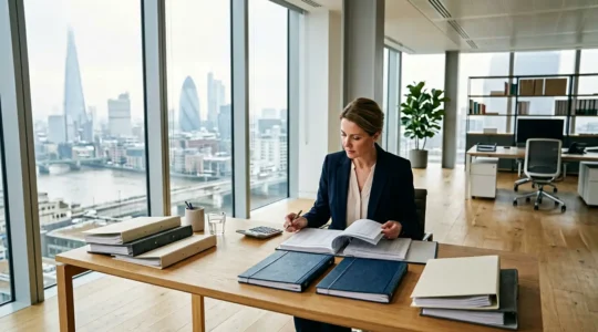 Professional business owner reviewing meticulously organized financial documents in modern UK office