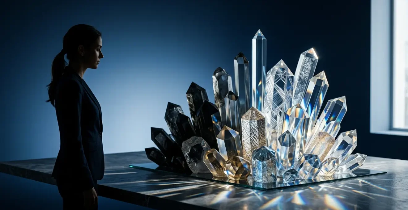 Business analyst reviewing complex data visualizations showing economic trend patterns on multiple transparent displays