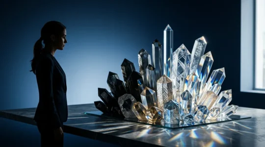 Business analyst reviewing complex data visualizations showing economic trend patterns on multiple transparent displays