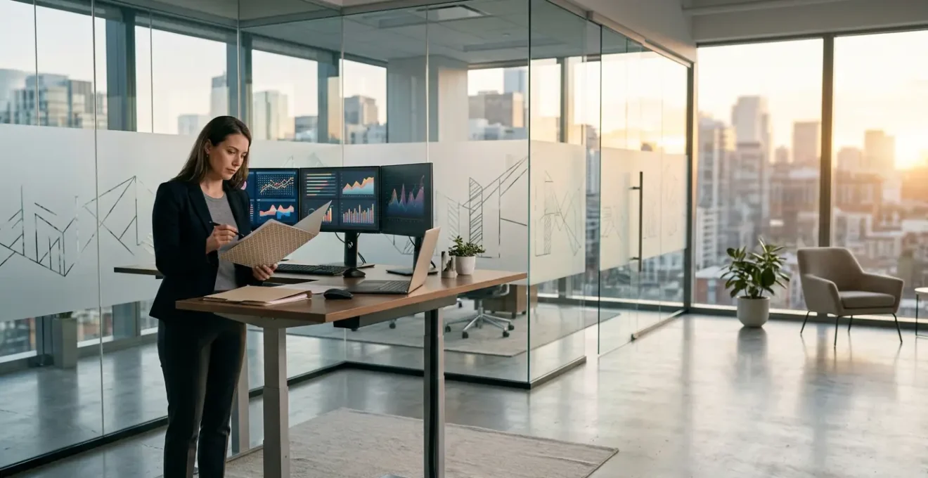 Professional tax advisor reviewing complex corporate documentation in modern office setting with multiple monitors showing compliance dashboards