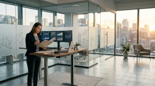 Professional tax advisor reviewing complex corporate documentation in modern office setting with multiple monitors showing compliance dashboards