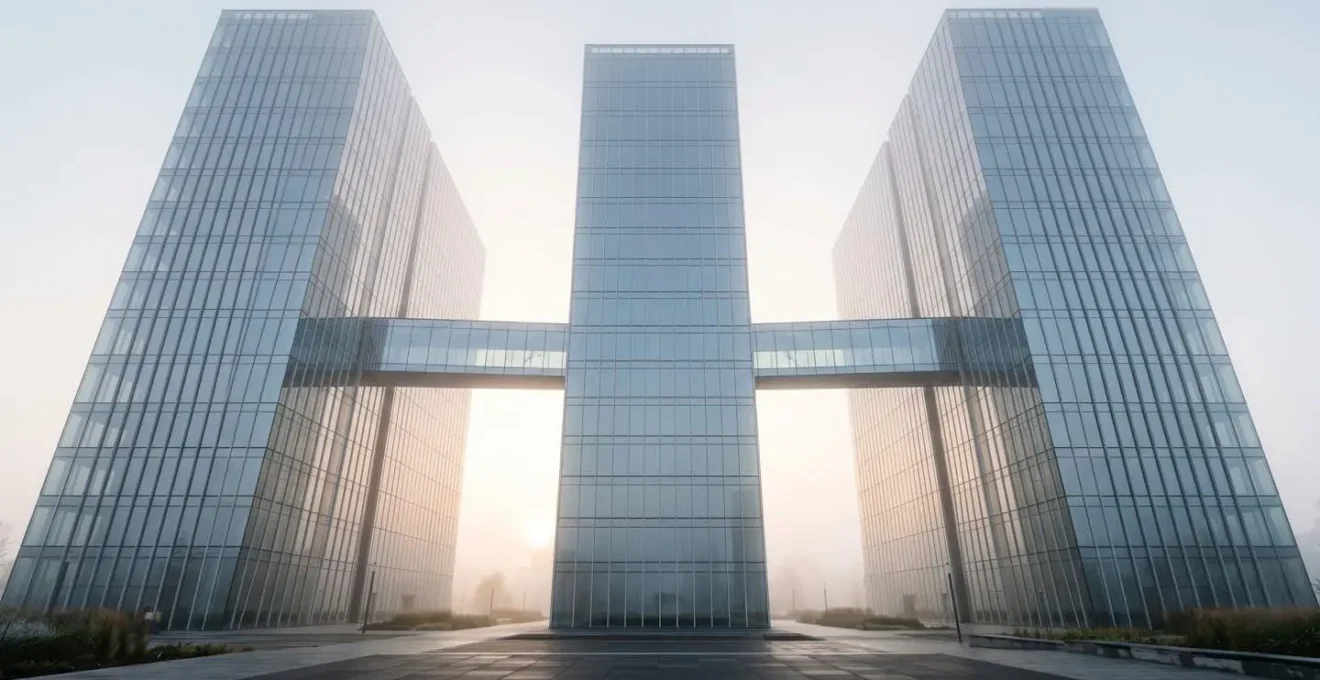 Modern glass office buildings connected by bridges representing holding company structure