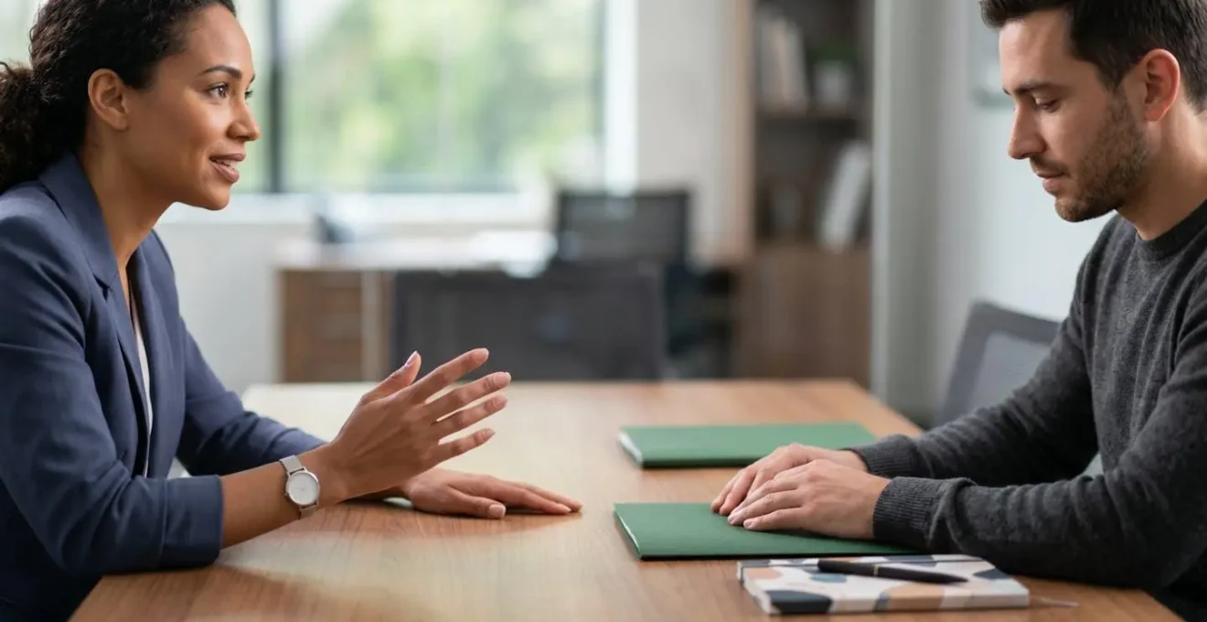 Close-up of two people in professional consultation across table with documents and supportive body language