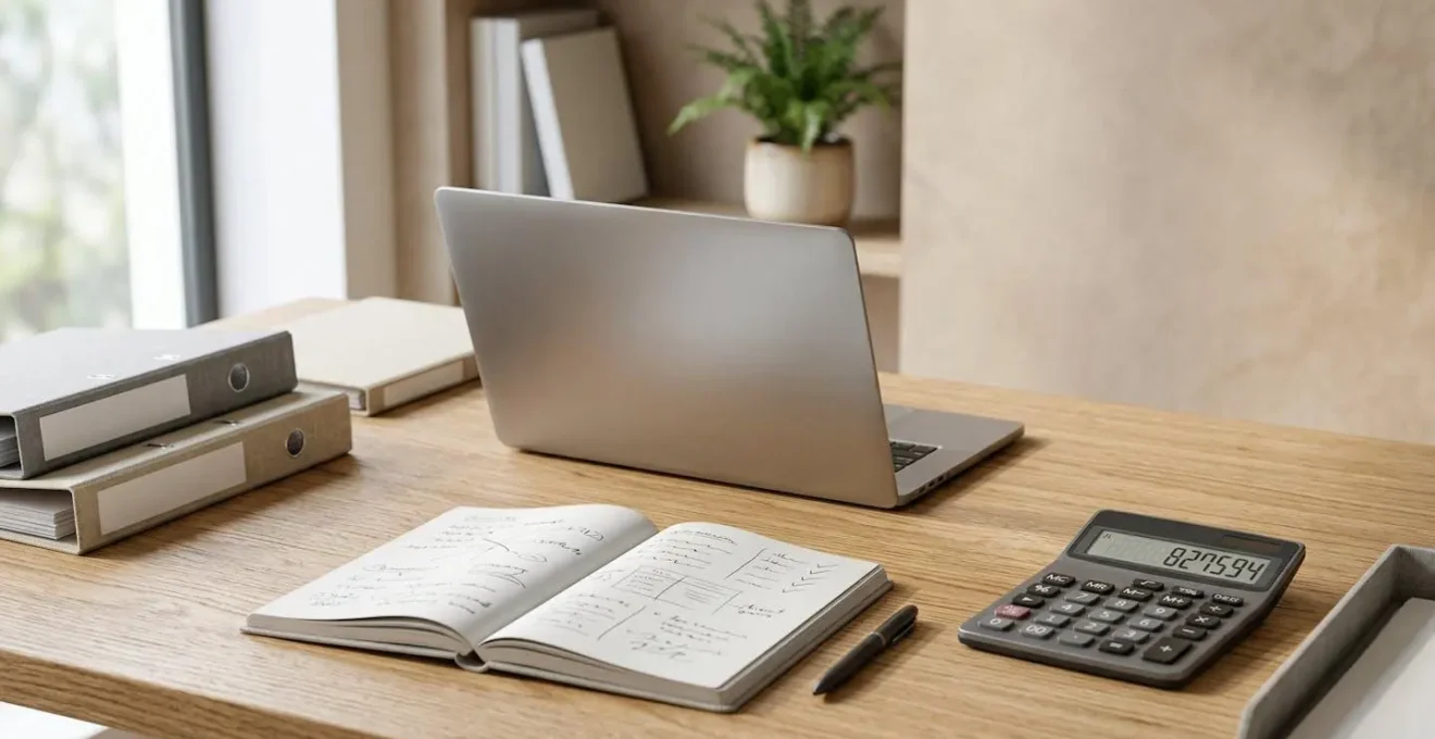 Business owner reviewing financial documents at clean desk with calculator and laptop showing budget planning interface
