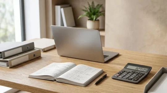 Business owner reviewing financial documents at clean desk with calculator and laptop showing budget planning interface