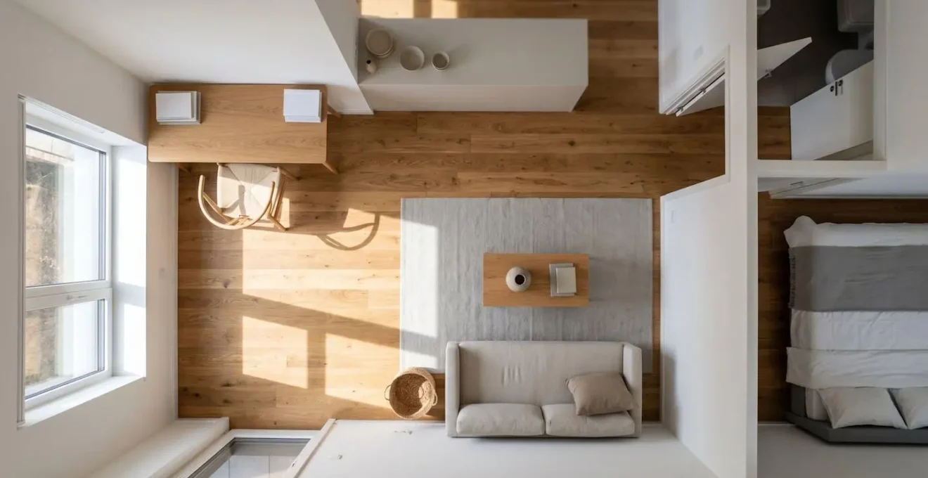 Overhead view of a one-bedroom flat floorplan with designated home office area highlighted for tax calculation purposes