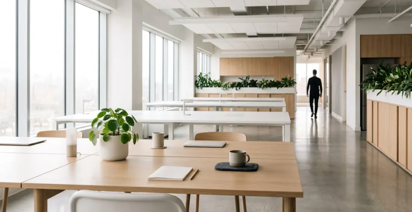 Wide environmental shot showing organized efficient workspace with minimalist design and natural light