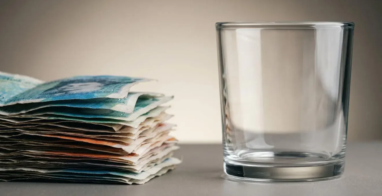 Visual metaphor contrasting profitable invoices with empty cash reserves using texture and depth