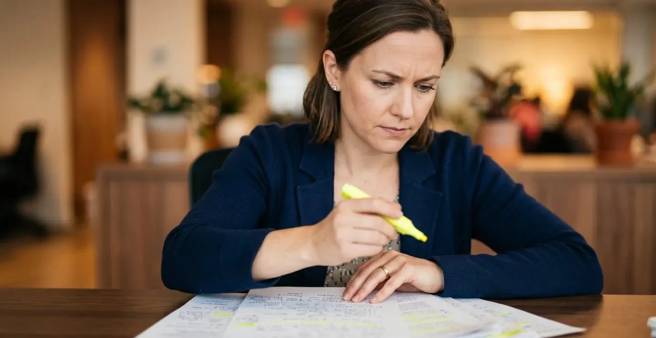 Human resources professional examining payroll documentation with highlighter showing calculation methods