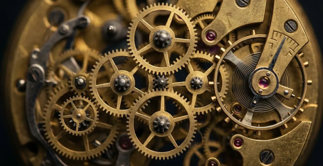 An abstract, artistic close-up of intricate brass clock gears synchronised perfectly, symbolising the concept of precise timing in payroll distribution.