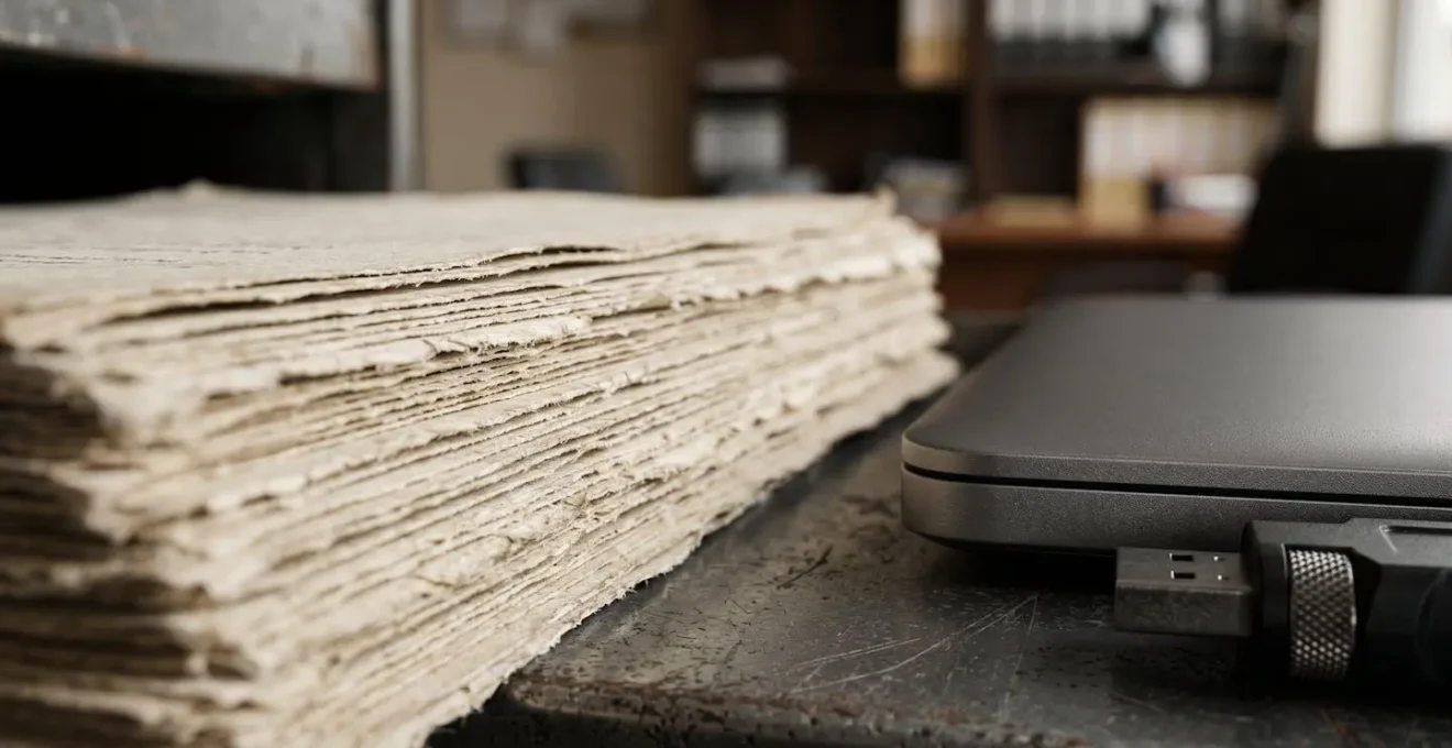 Organized document archiving process showing physical to digital transition in professional setting