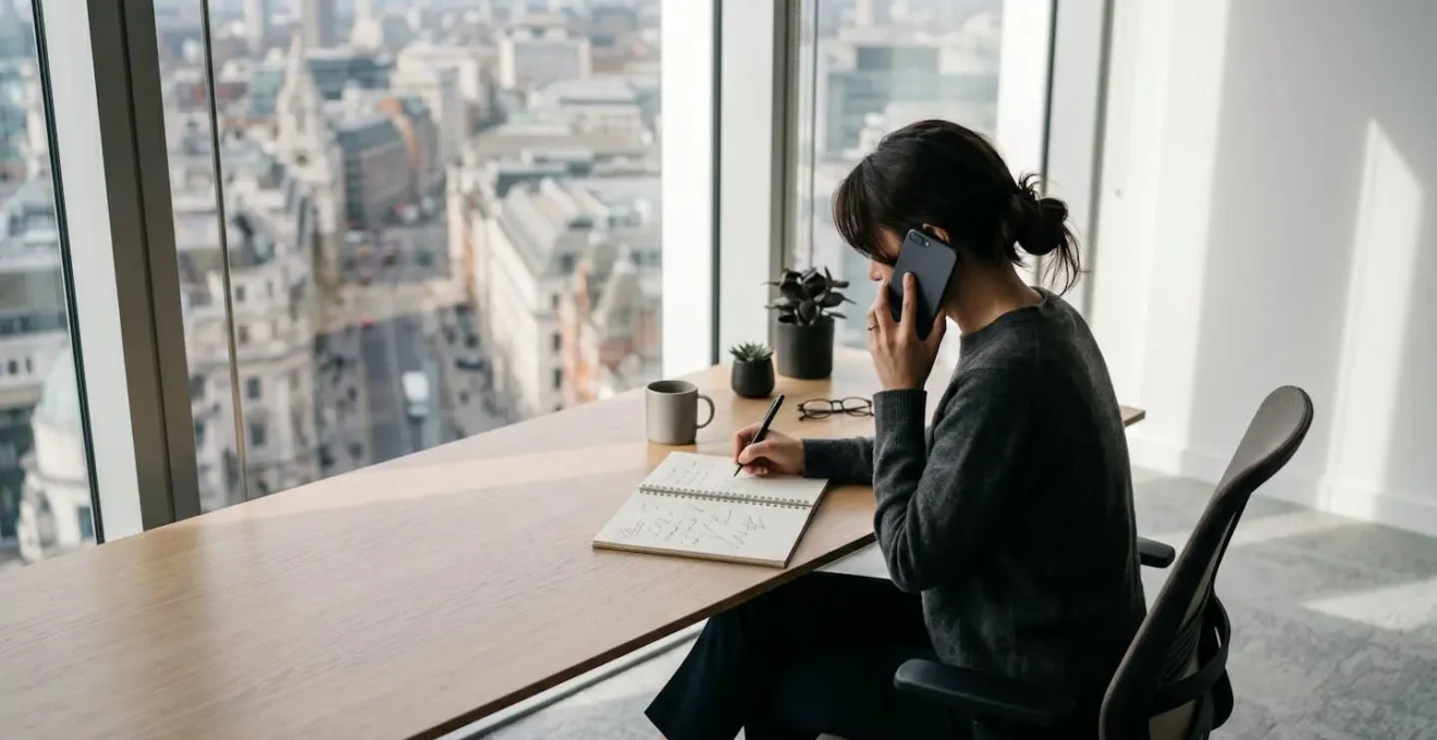 Business professional taking careful notes during important phone call with HMRC.