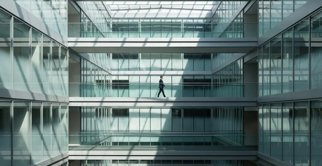 Visual metaphor for strategic profit reduction, showing a modern glass atrium with a person walking on a bridge, representing navigating different profit levels.