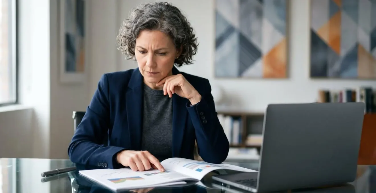 Financial executive analyzing profit and loss trends on abstract charts