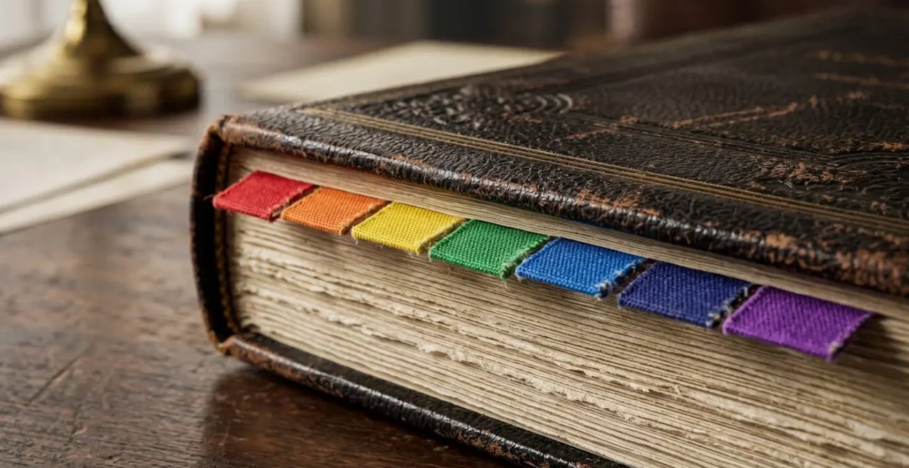 Close-up macro shot of color-coded accounting ledger tabs