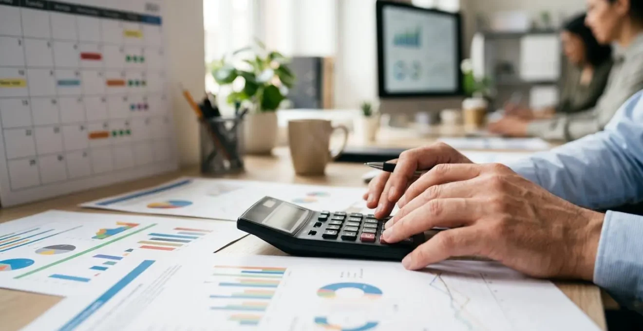 Organised quarterly financial review setup showing calendar, calculator and financial documents
