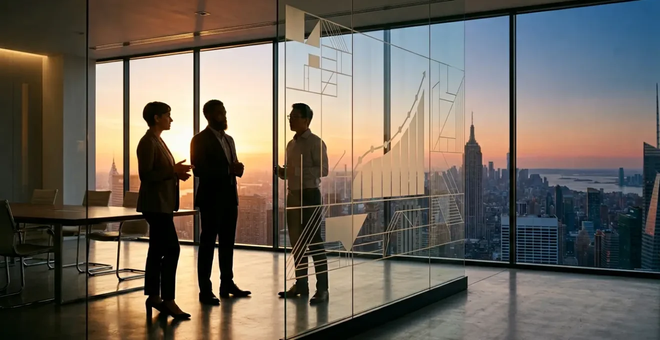 Executive team analyzing quarterly financial metrics on glass board in modern office