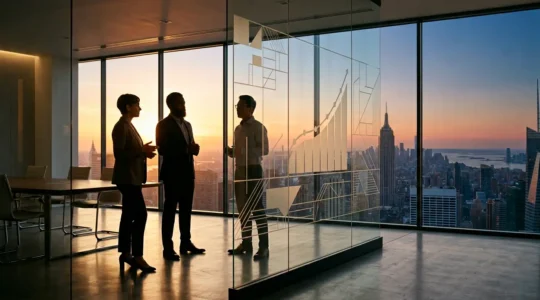 Executive team analyzing quarterly financial metrics on glass board in modern office