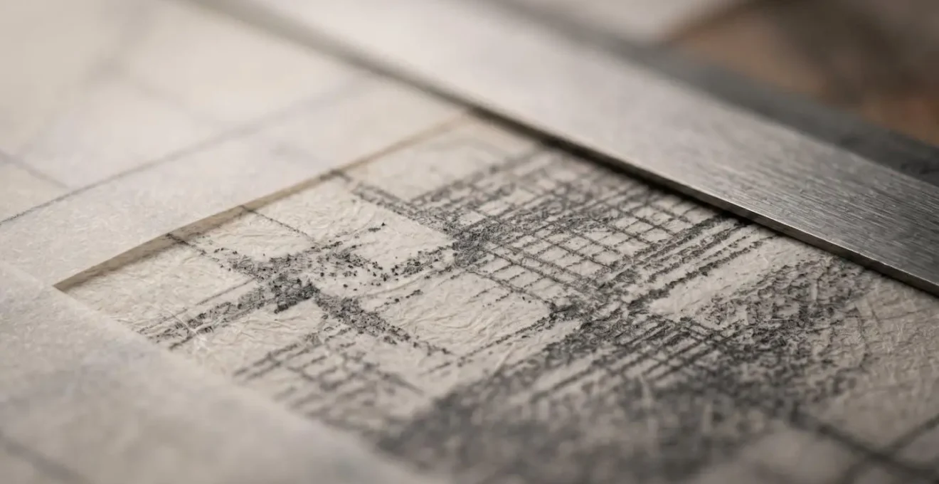 Macro shot of R&D documentation and technical drawings