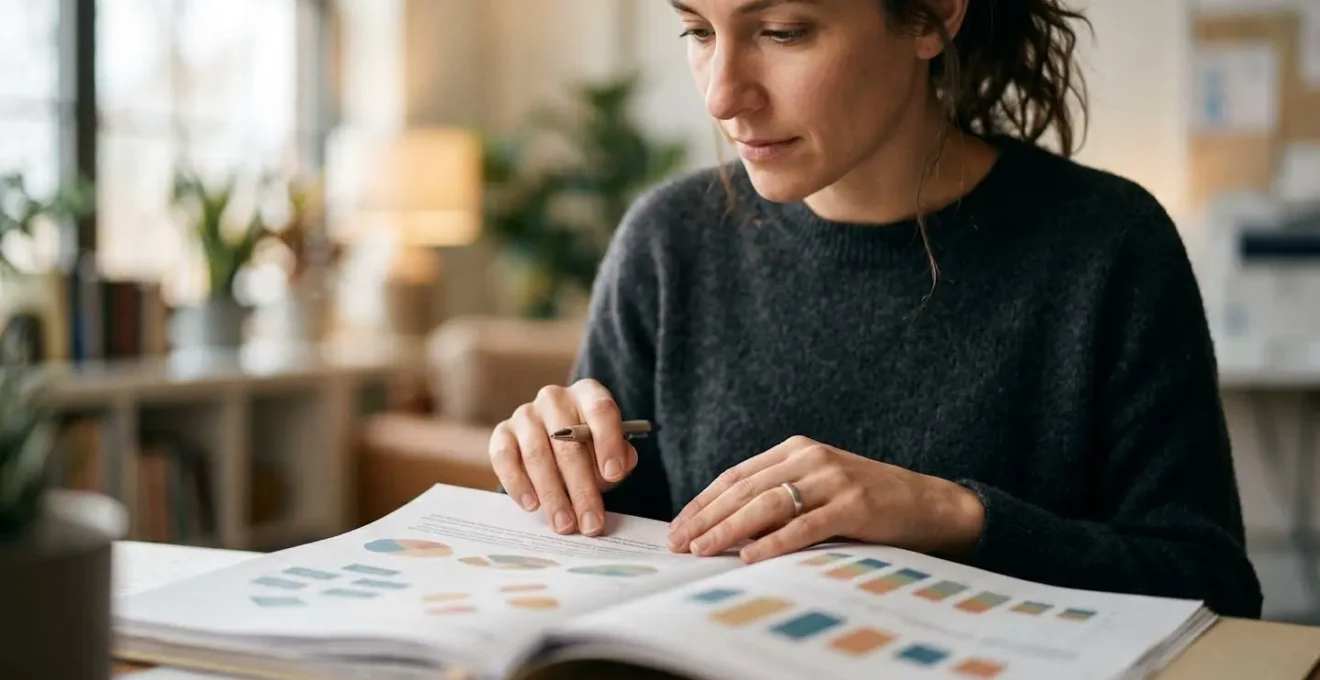 Close-up of hands reviewing technical documentation with calculator and charts in background