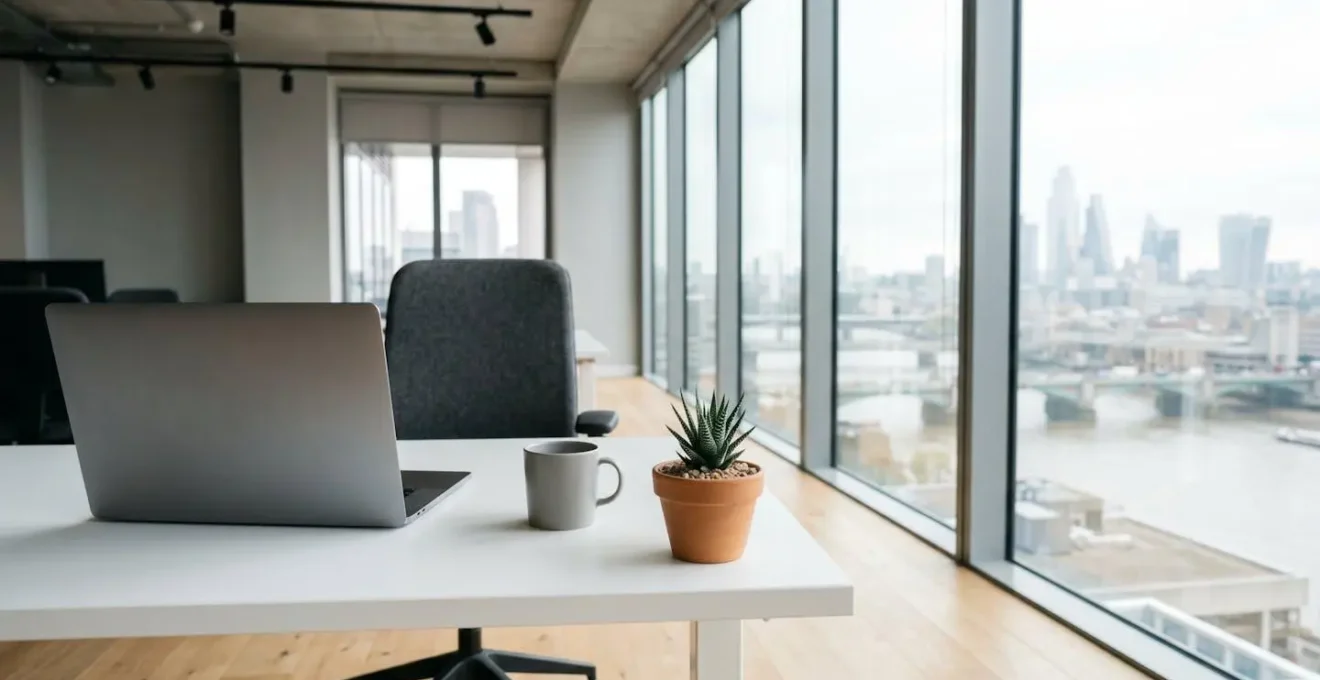 Wide minimalist office environment showing modern UK workspace with natural light and clean surfaces