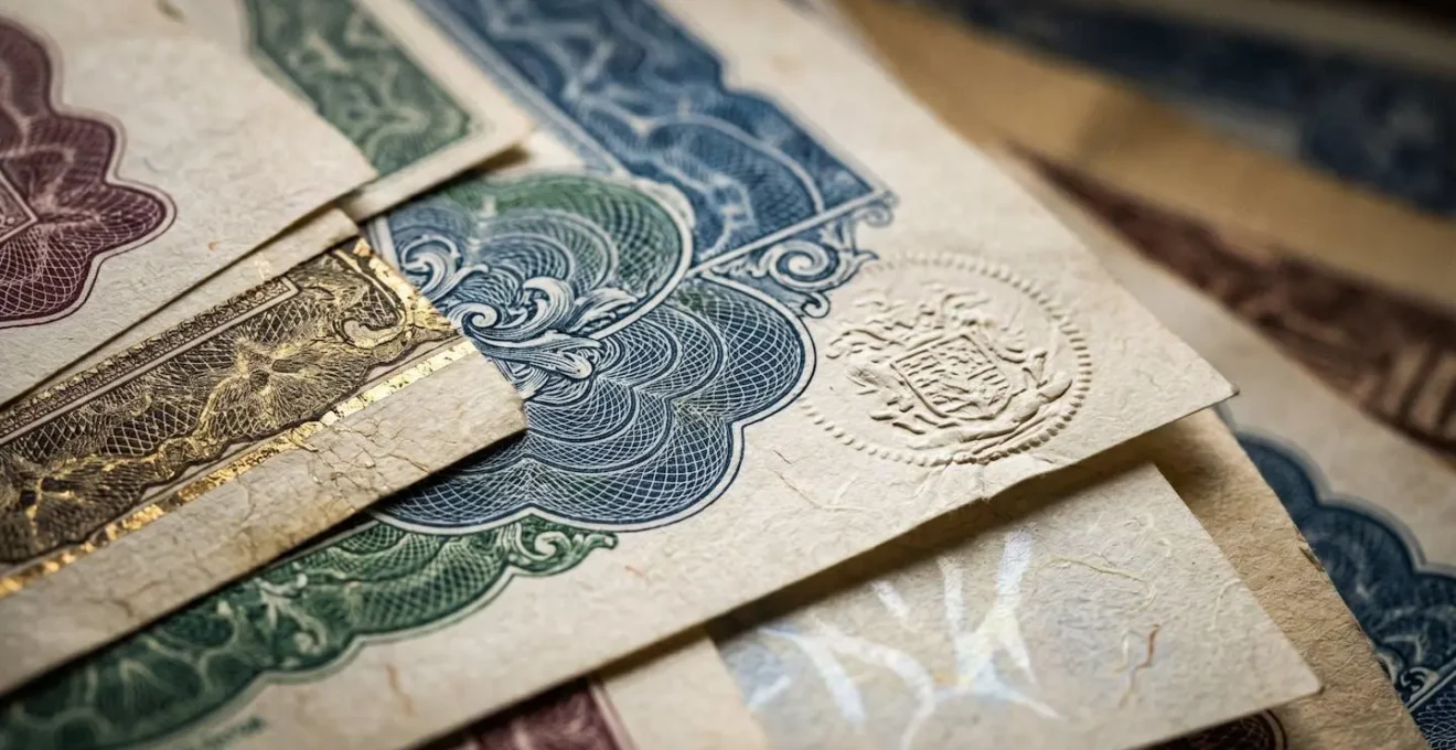 Macro shot of ornate share certificates showing detailed patterns