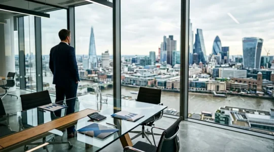 Business executive analyzing cost reduction strategies on financial documents in modern office